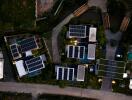 Aerial view of modern buildings with solar panels