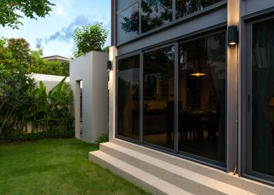 Modern house exterior with garden