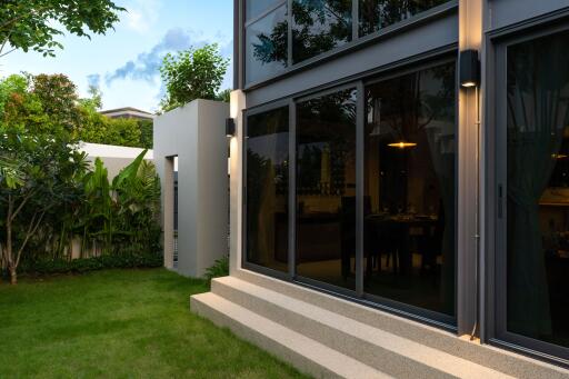 Modern house exterior with garden