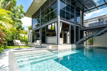 Modern house with outdoor pool and patio