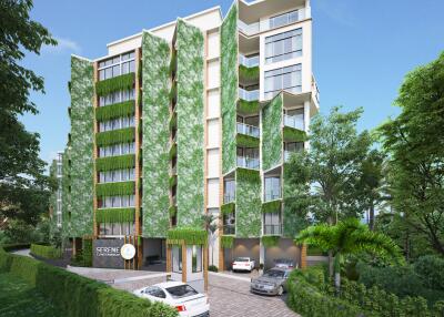 Modern apartment building with green facade