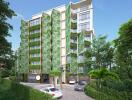 Modern apartment building with green facade