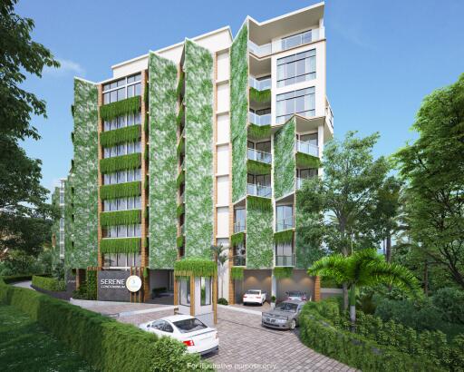 Modern apartment building with green facade