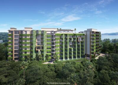 Modern apartment building with green facades surrounded by lush greenery