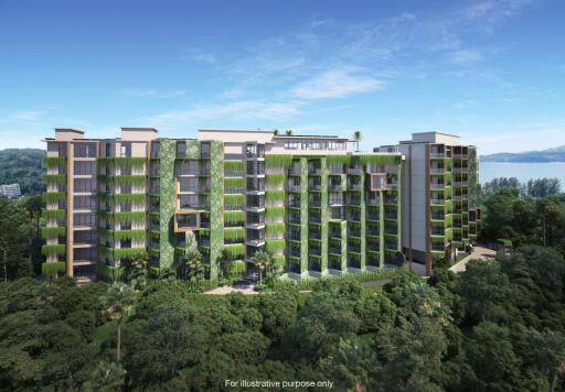 Modern apartment building with green facades surrounded by lush greenery