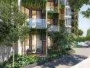 Modern apartment building with greenery and balconies