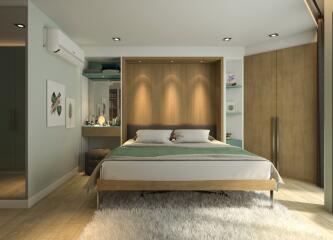 Modern and cozy bedroom with double bed and stylish decor