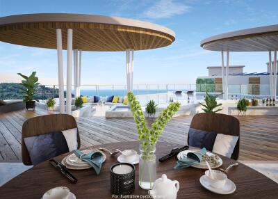 Rooftop terrace with dining area and ocean view