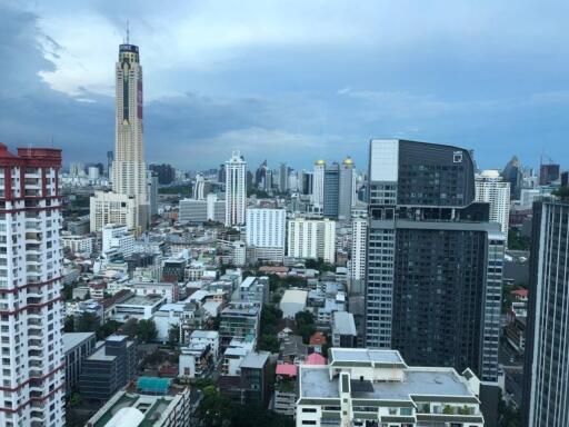 Aerial view of city skyline with multiple skyscrapers