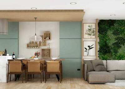 Modern open-plan living room and dining area with indoor greenery