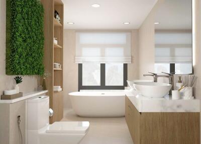 Modern bathroom with a bathtub and green wall decor.