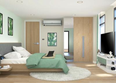 Modern bedroom with bed, wardrobe, TV, and air conditioner