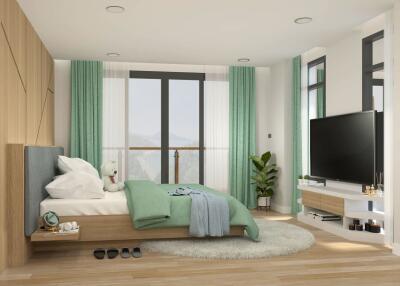 Modern bedroom with large windows, green curtains, TV, and cozy decor