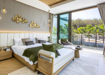 Spacious modern bedroom with large windows and stylish decor