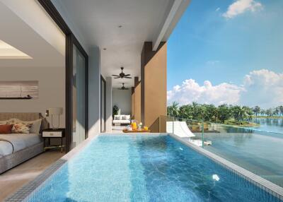 Bedroom with a pool and scenic view