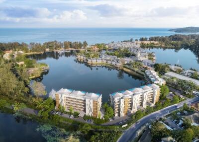 Aerial view of a waterfront residential complex