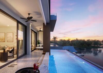 Modern outdoor living space with infinity pool at sunset