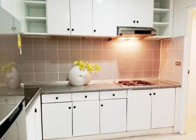 Modern kitchen with white cabinets and stove