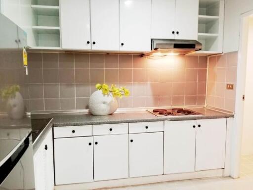 Modern kitchen with white cabinets and stove