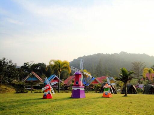 Beautiful outdoor area with colorful windmill decorations