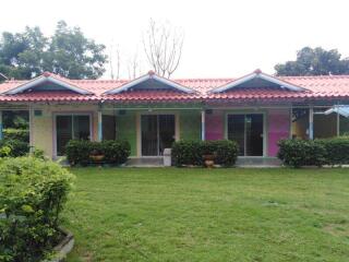 Outdoor view of a single-story house with three units, green lawn, and plants