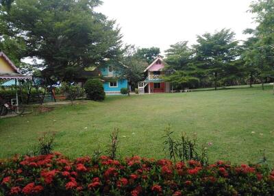 View of a colorful house in a spacious garden