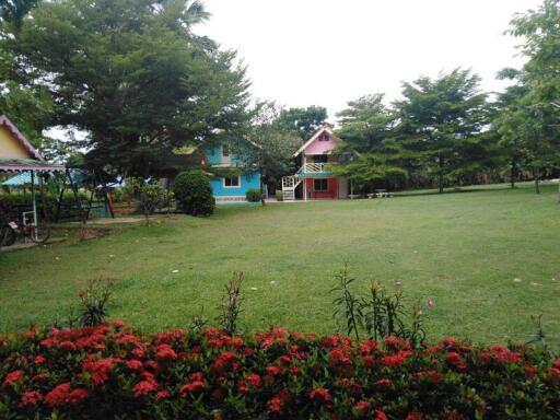 View of a colorful house in a spacious garden