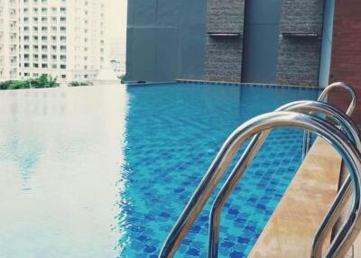 Modern rooftop infinity pool with city view