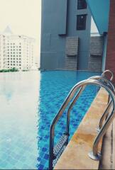 Modern rooftop infinity pool with city view