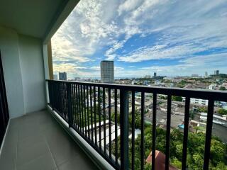 Balcony view with railings overlooking the cityscape