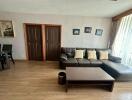 Modern living room with brown sofa and coffee table