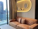 Modern living room with brown leather sofa and wall-mounted shelf, featuring city view from a high-rise building