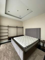 Spacious bedroom with modern fixtures and a large bed