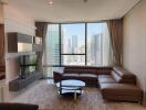 modern living room with floor-to-ceiling windows and city view