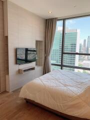 Modern bedroom with a large window and city view