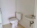 Simple white bathroom with toilet and wall-mounted sink