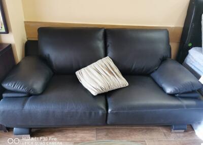 Black leather sofa with pillows