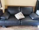 Black leather sofa with pillows