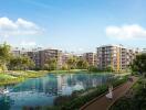 Scenic view of a residential complex with a central water feature and lush greenery