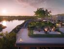 Rooftop terrace with seating area and fire pit at sunset