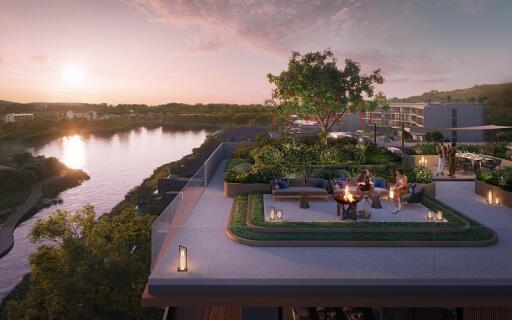 Rooftop terrace with seating area and fire pit at sunset