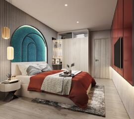 Modern bedroom with stylish decor and lighting