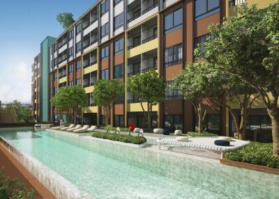 Apartment building with outdoor swimming pool and lounging area