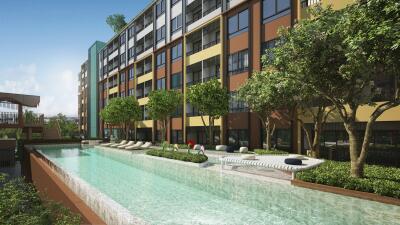 Apartment building with outdoor swimming pool and lounging area