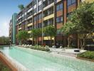 Apartment building with outdoor swimming pool and lounging area