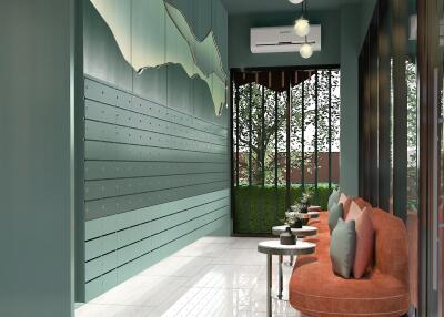 Modern lobby with stylish seating area and wall art