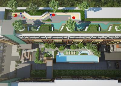 Top view of residential complex with green rooftop garden and outdoor amenities