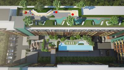 Top view of residential complex with green rooftop garden and outdoor amenities