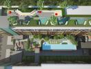 Top view of residential complex with green rooftop garden and outdoor amenities