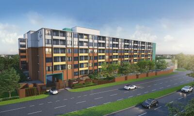 Exterior view of a modern apartment building with surrounding greenery